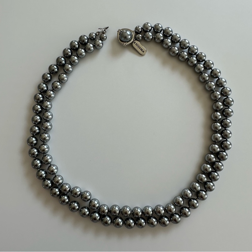Kissaka Silver Gray Faux Pearl Double Strand Necklace